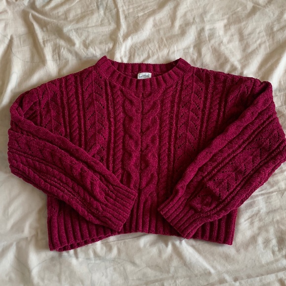 Hippie Rose Sweaters - Burgundy cropped baggy hippie rose small knit sweater